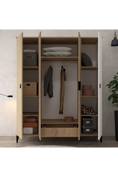Evmo Home 6404 Neva 4 Kapılı 200 Cm Gizli Çekmeceli Gardırop , Elbise Dolabı , Genç Odası Sepet - Beyaz - 3
