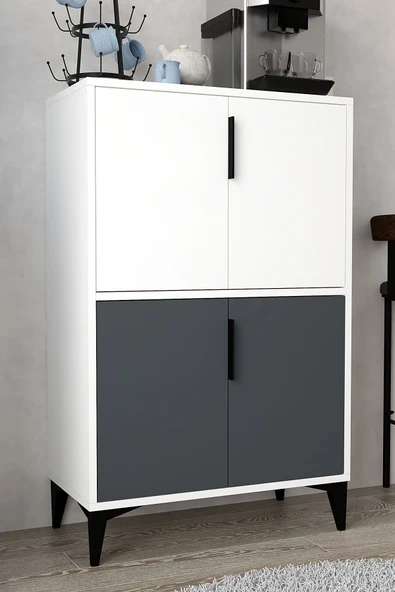 Evmo Home 1402 Ada Çok Amaçlı Dolap , Kahve Köşesi , Kiler Dolabı , Mutfak Standı 4 Kapılı , Antrasit Beyaz - 4