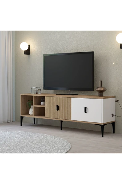 Evmo Home 3506 Era TV Ünitesi 150 Cm Kapaklı Raflı Sepet - Yunus - Beyaz - 2