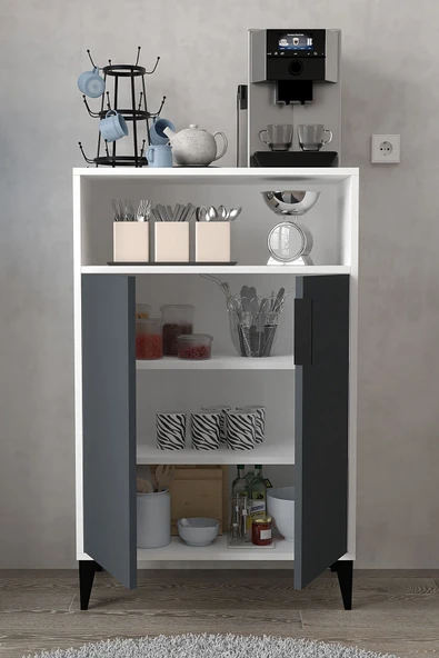 Evmo Home 1202 Ada Çok Amaçlı Dolap , Kahve Köşesi , Kiler Dolabı , Mutfak Standı 2 Kapılı - Beyaz Antrasit - 3