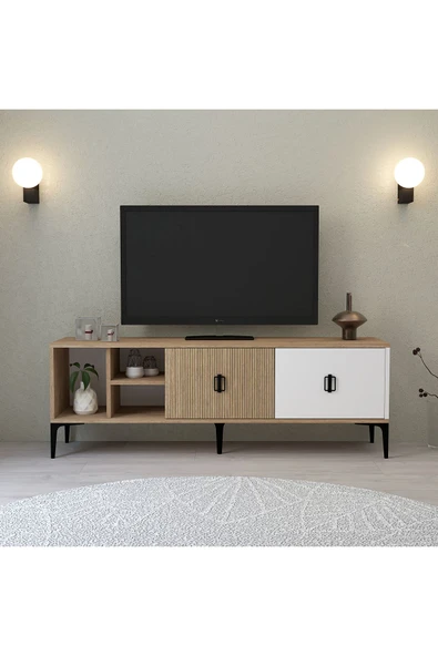 Evmo Home 3506 Era TV Ünitesi 150 Cm Kapaklı Raflı Sepet - Yunus - Beyaz - 1