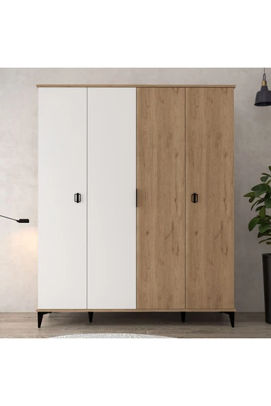 Evmo Home 6403 Neva 4 Kapılı 200 Cm Gizli Çekmeceli Gardırop , Elbise Dolabı , Genç Odası Beyaz - Sepet - 1