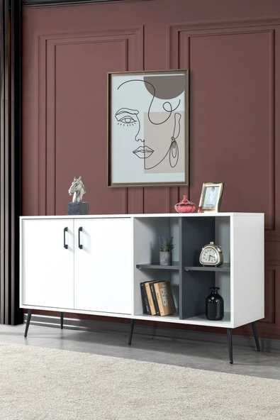 Evmo Home 4612 Şile Metal Ayaklı Metal Kulplu Konsol 160 LIK - Yemek Odası - Salon Odası Beyaz - 1