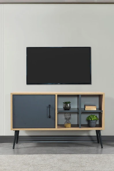 Evmo Home 3109 Şile Metal Ayaklı Metal Kulplu 100 Cm Tv Ünitesi - Antrasit Safir - 3