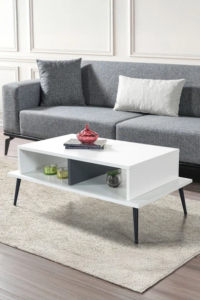 Evmo Home 2012 Şile Metal Ayaklı Orta Sehpa , Salon Sehpası Beyaz - Antrasit - 1