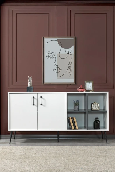 Evmo Home 4612 Şile Metal Ayaklı Metal Kulplu Konsol 160 LIK - Yemek Odası - Salon Odası Beyaz - 3