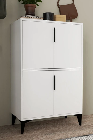 Evmo Home 1401 Ada Ayakkabılık 4 Raflı 4 Kapaklı Çok Amaçlı Dolap Kiler Beyaz