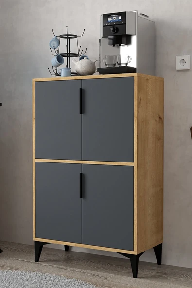 Evmo Home 1403 Ada Çok Amaçlı Dolap , Kahve Köşesi , Kiler Dolabı , Mutfak Standı 4 Kapılı , Safir Antrasit