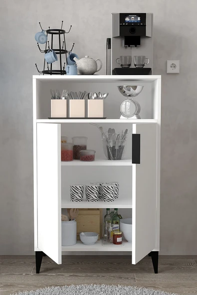 Evmo Home 1201 Ada Çok Amaçlı Dolap , Kahve Köşesi , Kiler Dolabı , Mutfak Standı 2 Kapılı 4 Bölmeli - Beyaz - 4