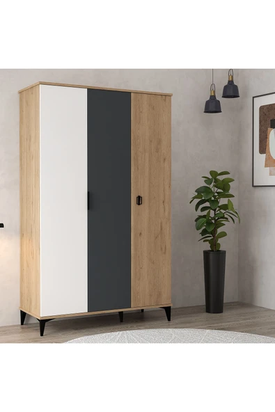 Evmo Home 6302 Neva 3 Kapılı 200 Cm Gizli Çekmeceli Gardırop , Elbise Dolabı , Genç Odası Antrasit Beyaz Sepet - 1