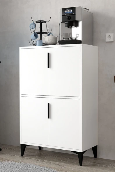 Evmo Home 1401 Ada Çok Amaçlı Dolap , Kahve Köşesi , Kiler Dolabı , Mutfak Standı 4 Kapılı , Bölmeli , Beyaz