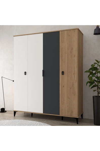 Evmo Home 6402 Neva 4 Kapılı 200 Cm Gizli Çekmeceli Gardırop , Elbise Dolabı , Genç Odası Antrasit - Beyaz - 4