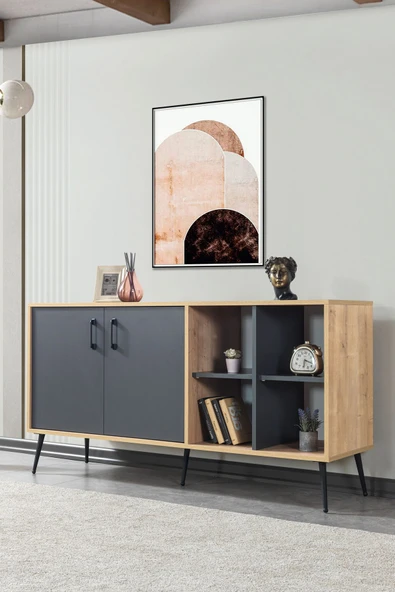 Evmo Home 4609 Şile Metal Ayaklı Metal Kulplu 160 Cm Konsol - Yemek Odası Antrasit - Safir - 1