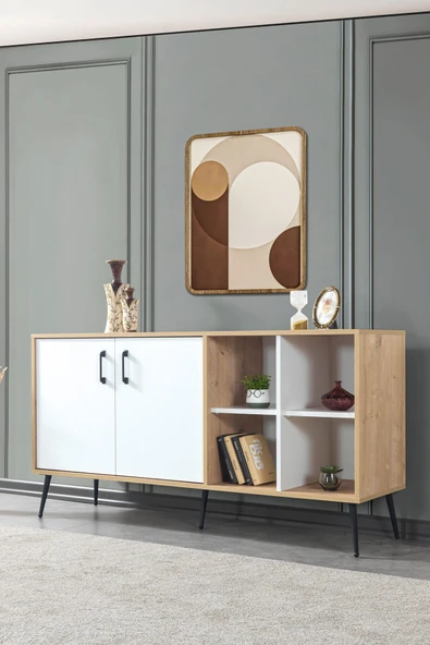 Evmo Home 4611 Şile Metal Ayaklı Metal Kulplu 160 Cm Konsol - Yemek Odası Beyaz - Safir - 1