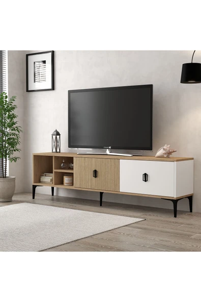 Evmo Home 3806 Era TV Ünitesi 180 Cm 2 Kapaklı Raflı Sepet - Beyaz - Yunus - 1