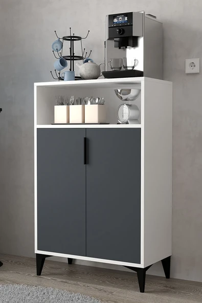 Evmo Home 1202 Ada Çok Amaçlı Dolap , Kahve Köşesi , Kiler Dolabı , Mutfak Standı 2 Kapılı - Beyaz Antrasit - 4