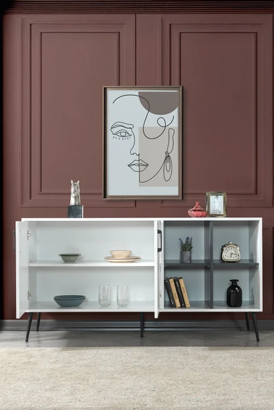 Evmo Home 4612 Şile Metal Ayaklı Metal Kulplu Konsol 160 LIK - Yemek Odası - Salon Odası Beyaz - 4