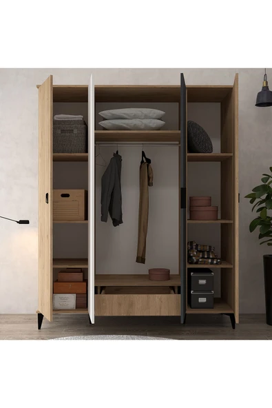 Evmo Home 6402 Neva 4 Kapılı 200 Cm Gizli Çekmeceli Gardırop , Elbise Dolabı , Genç Odası Antrasit - Beyaz - 2