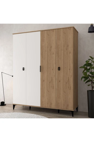 Evmo Home 6403 Neva 4 Kapılı 200 Cm Gizli Çekmeceli Gardırop , Elbise Dolabı , Genç Odası Beyaz - Sepet - 4