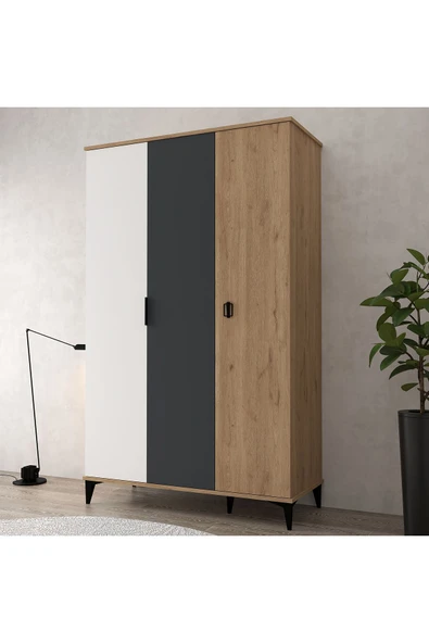 Evmo Home 6302 Neva 3 Kapılı 200 Cm Gizli Çekmeceli Gardırop , Elbise Dolabı , Genç Odası Antrasit Beyaz Sepet - 4