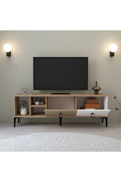 Evmo Home 3506 Era TV Ünitesi 150 Cm Kapaklı Raflı Sepet - Yunus - Beyaz - 4