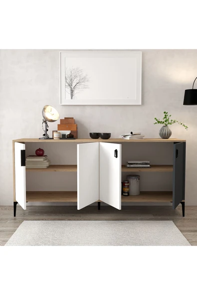 Evmo Home 4002 Neva Konsol 180 Cm Sepet - Beyaz - Antrasit Tv Ünitesi - Yemek Odası - Kahve Köşesi - 3