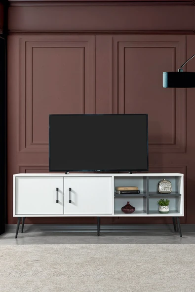 Evmo Home 3612 Şile Metal Ayaklı Metal Kulplu 160 Cm Tv Ünitesi - Beyaz - 3