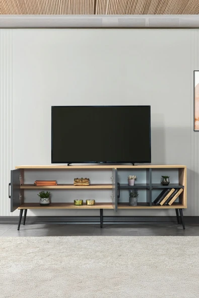 Evmo Home 3609 Şile Metal Ayaklı Metal Kulplu 160 Cm TV Ünitesi Antrasit - Safir - 4