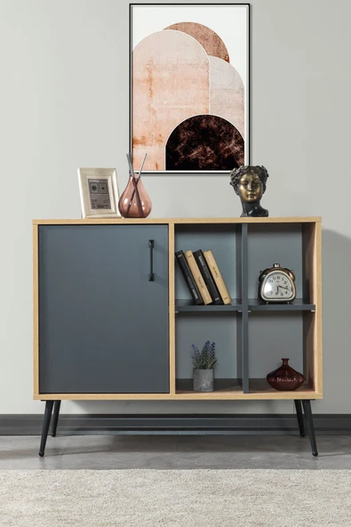 Evmo Home 4109 Şile Metal Ayaklı Metal Kulplu 100 Cm Konsol - Tv Ünitesi - Yemek Odası - Kahve Köşesi Antrasit - 3
