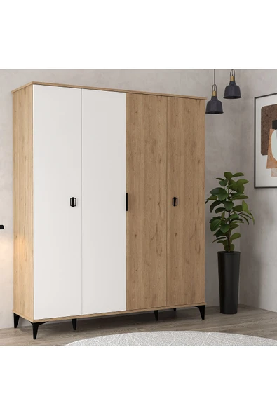 Evmo Home 6403 Neva 4 Kapılı 200 Cm Gizli Çekmeceli Gardırop , Elbise Dolabı , Genç Odası Beyaz - Sepet - 3