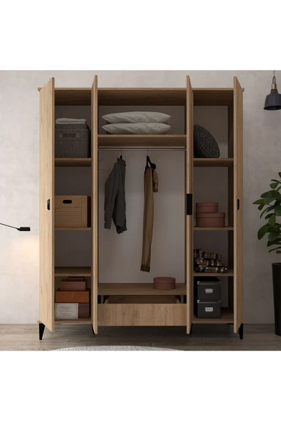 Evmo Home 6401 Neva 4 Kapılı 200 Cm Gizli Çekmeceli Gardırop , Elbise Dolabı , Genç Odası Sepet - 2