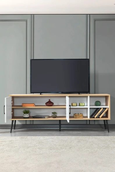 Evmo Home 3611 Şile Metal Ayaklı Metal Kulplu 160 Cm Tv Ünitesi - Beyaz Safir - 4