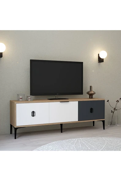 Evmo Home Neva TV Ünitesi 150 CM Kapaklı Sepet - Beyaz - Antrasit - 4