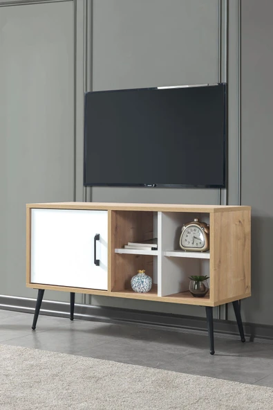 Evmo Home 3111 Şile Metal Ayaklı Metal Kulplu 100 Cm Tv Ünitesi - Beyaz Safir - 1