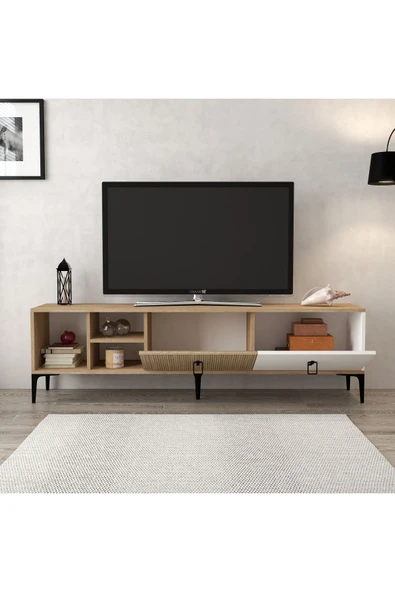 Evmo Home 3806 Era TV Ünitesi 180 Cm 2 Kapaklı Raflı Sepet - Beyaz - Yunus - 3