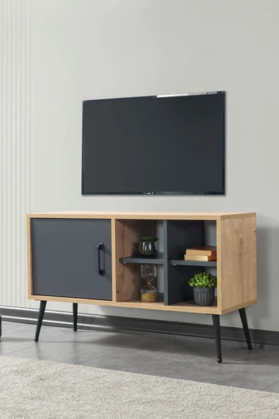 Evmo Home 3109 Şile Metal Ayaklı Metal Kulplu 100 Cm Tv Ünitesi - Antrasit Safir - 1