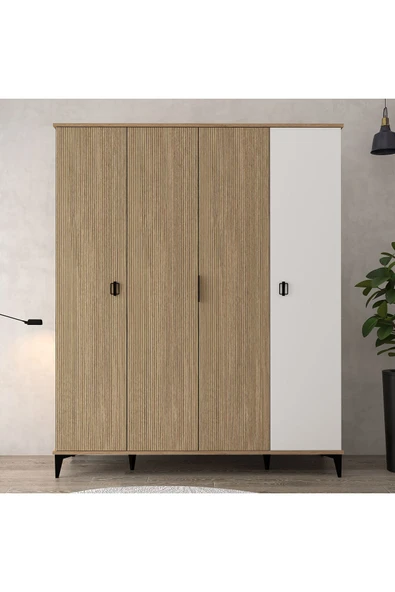Evmo Home 6404 Neva 4 Kapılı 200 Cm Gizli Çekmeceli Gardırop , Elbise Dolabı , Genç Odası Sepet - Beyaz - 2