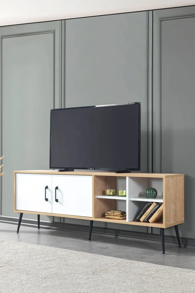 Evmo Home 3611 Şile Metal Ayaklı Metal Kulplu 160 Cm Tv Ünitesi - Beyaz Safir - 1