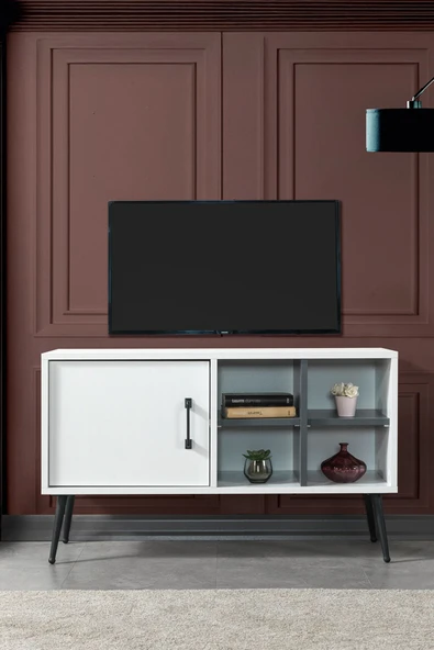 Evmo Home 3112 Şile Metal Ayaklı Metal Kulplu Tv Ünitesi 100 Cm - Beyaz - 3