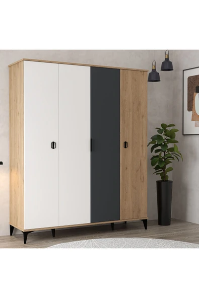 Evmo Home 6402 Neva 4 Kapılı 200 Cm Gizli Çekmeceli Gardırop , Elbise Dolabı , Genç Odası Antrasit - Beyaz - 3