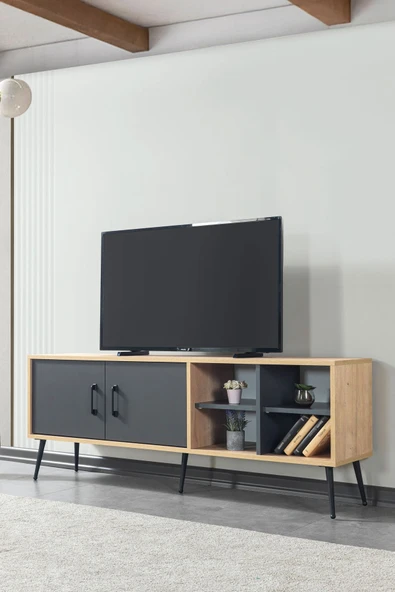 Evmo Home 3609 Şile Metal Ayaklı Metal Kulplu 160 Cm TV Ünitesi Antrasit - Safir - 1
