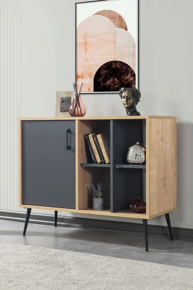 Evmo Home 4109 Şile Metal Ayaklı Metal Kulplu 100 Cm Konsol - Tv Ünitesi - Yemek Odası - Kahve Köşesi Antrasit - 1