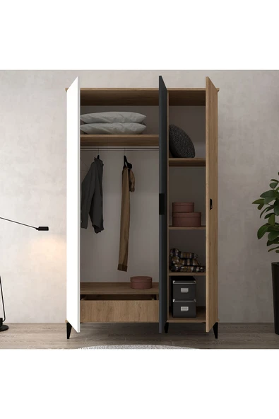 Evmo Home 6302 Neva 3 Kapılı 200 Cm Gizli Çekmeceli Gardırop , Elbise Dolabı , Genç Odası Antrasit Beyaz Sepet - 3