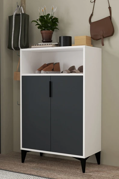 Evmo Home 1202 Ada Ayakkabılık 4 Raflı 2 Kapaklı Çok Amaçlı Dolap Antrasit Beyaz - 1