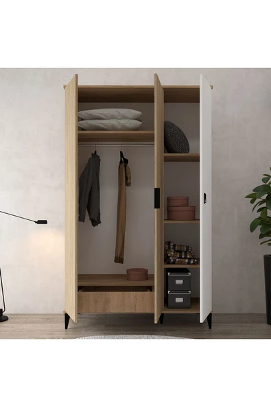 Evmo Home 6304 Neva 3 Kapılı 200 Cm Gizli Çekmeceli Gardırop , Elbise Dolabı , Genç Odası Yunus - Beyaz - 3