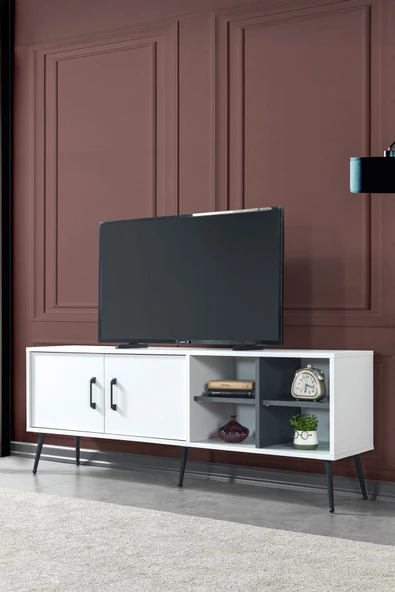 Evmo Home 3612 Şile Metal Ayaklı Metal Kulplu 160 Cm Tv Ünitesi - Beyaz - 1