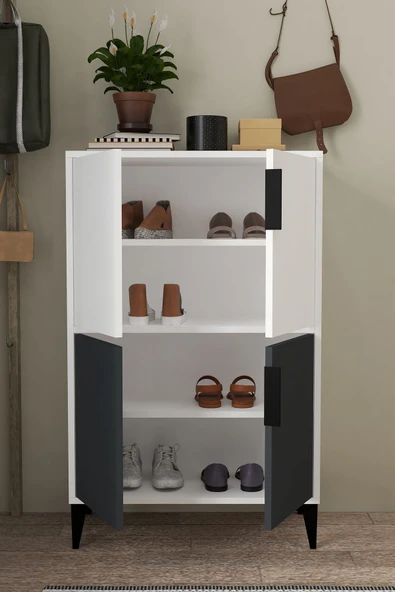 Evmo Home 1402 Ada Ayakkabılık 4 Raflı 4 Kapaklı Çok Amaçlı Dolap Kiler Antrasit Beyaz - 3