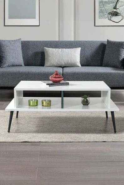 Evmo Home 2012 Şile Metal Ayaklı Orta Sehpa , Salon Sehpası Beyaz - Antrasit - 2