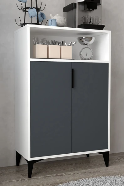 Evmo Home 1202 Ada Çok Amaçlı Dolap , Kahve Köşesi , Kiler Dolabı , Mutfak Standı 2 Kapılı - Beyaz Antrasit - 1