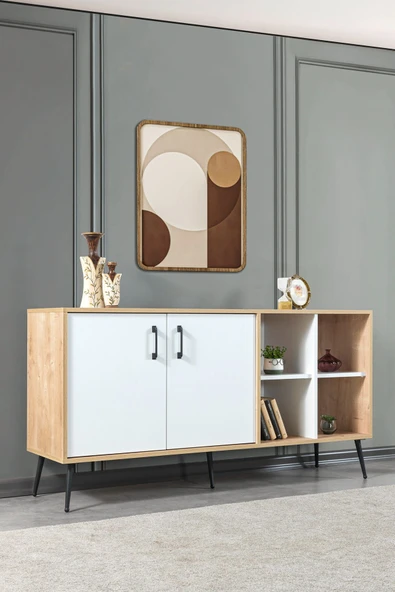 Evmo Home 4611 Şile Metal Ayaklı Metal Kulplu 160 Cm Konsol - Yemek Odası Beyaz - Safir - 2